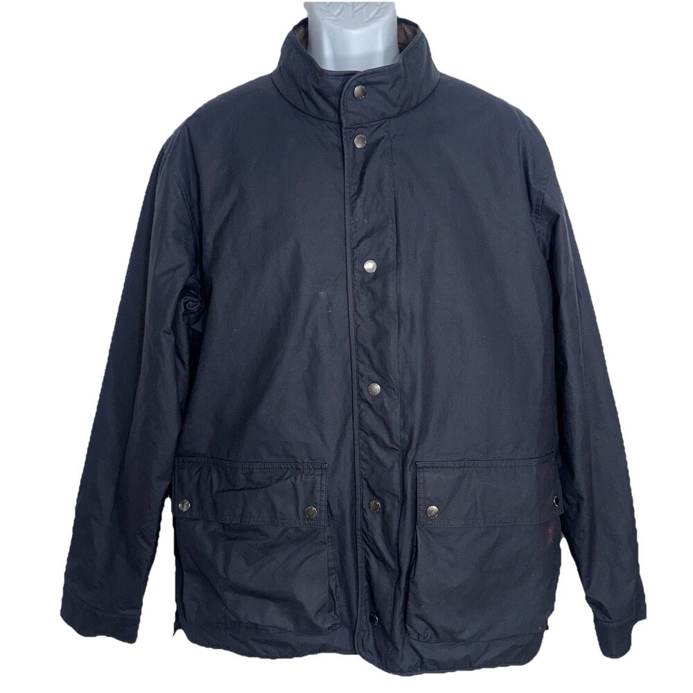 Peter Millar Navy Blue Waxed Cotton Field Jacket Plaid Lined Chore Coat Men XL